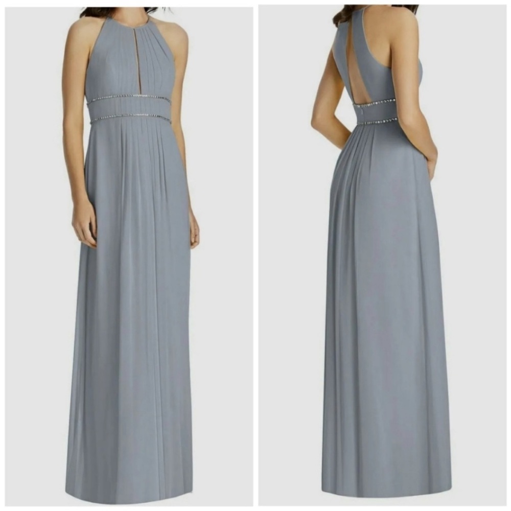 Jenny Packham Slate Gray Halter Evening Gown with Beaded Waist